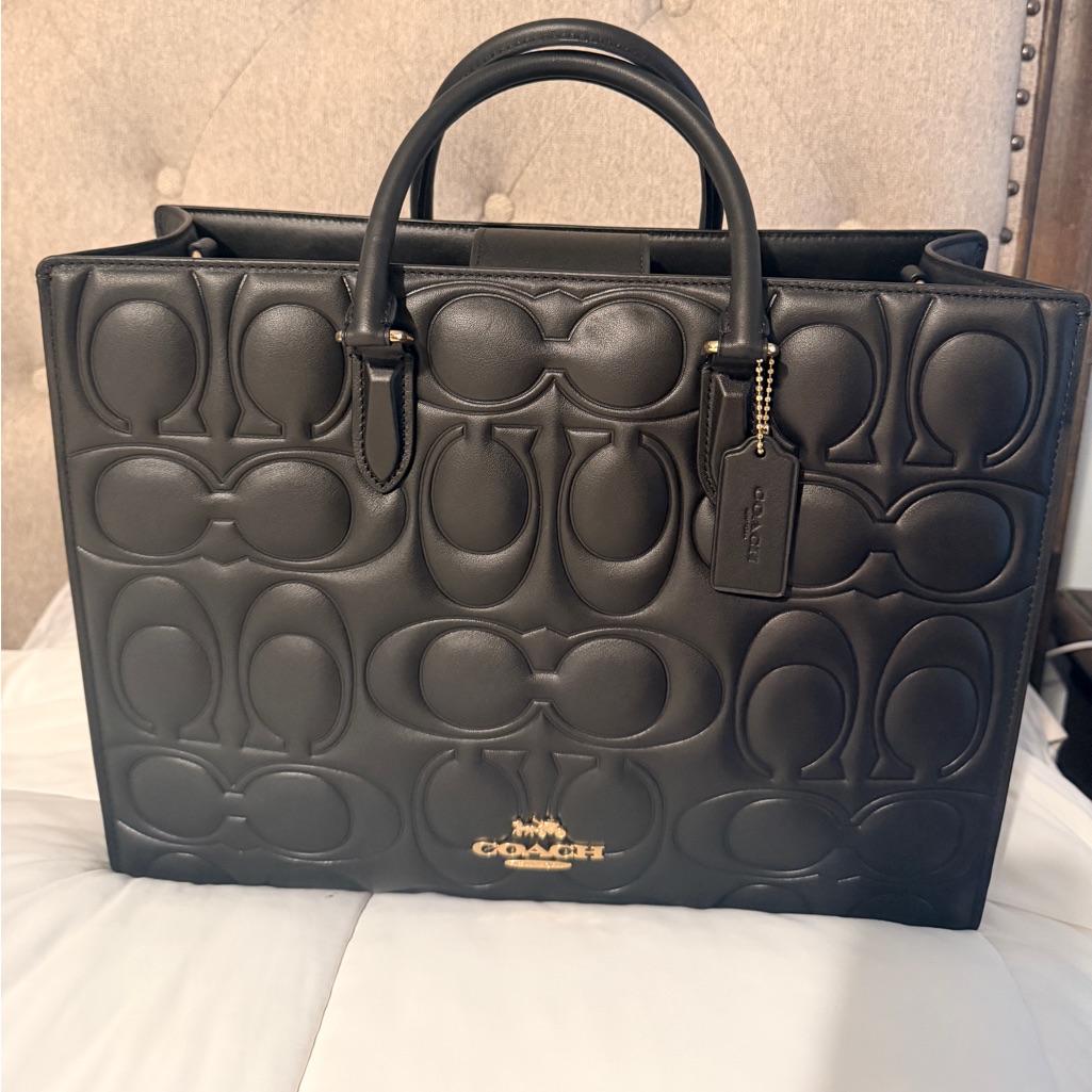 Coach Black Quilted Signature Leather Tote With Gold Logo Tag